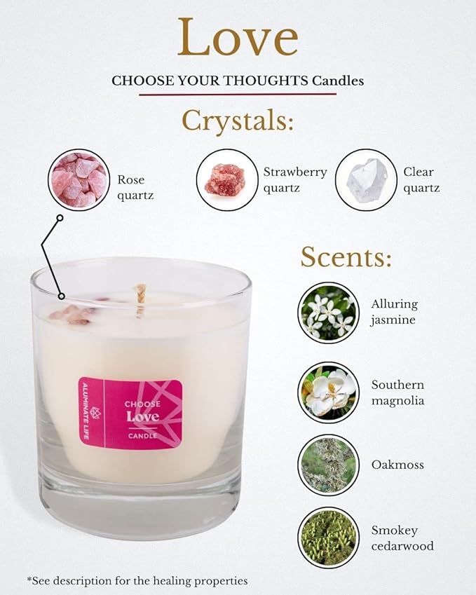 Luxury Glass Jar Candle, 8 OZ, Choose Love - Valentine's Day Gift Rose Quartz Crystal Infused - Scents of Jasmine, Magnolia, Oakmoss & Cedarwood - Intense & Deep Affection