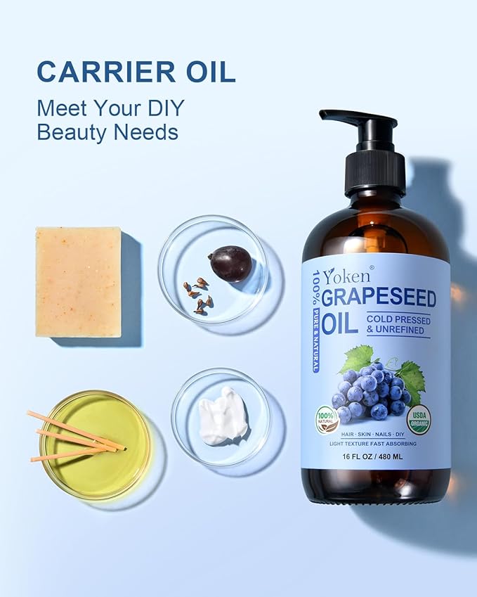 Organic Grapeseed Oil 16 oz GLASS BOTTLE - USDA 100% Pure & Natural Cold Pressed Grape Seed Carrier Oil for Skin & Hair - Single Ingredient, Hexane Free, Light & Silky Body Moisturizer