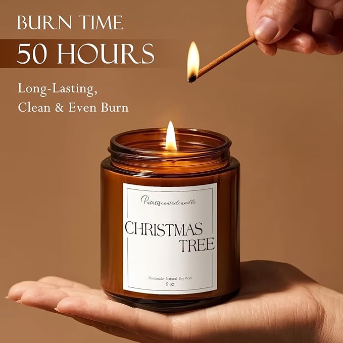 Christmas Tree Scented Candles for Home, Natural Soy Wax Aromatherapy Christmas Candle Gifts for Men & Women, Highly Scented & Long Lasting Non Toxic Jar Candle for Stress Relief (9oz)