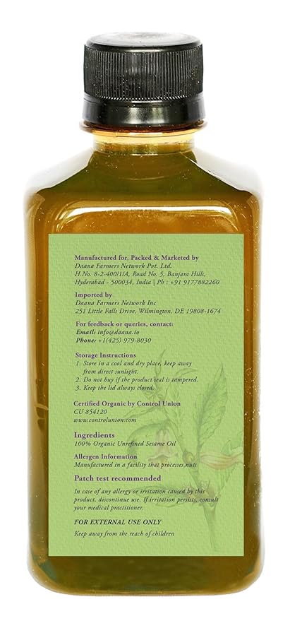 DAANA Sesame Oil for Skin: Certified USDA Organic, Extra Virgin, Cold Pressed (12 fl oz)