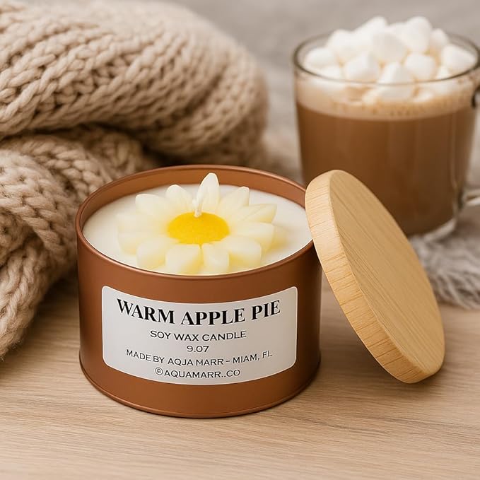 Aqua MARR Handcrafted Warm Apple Pie Soy Wax Candle, 8oz, Gold Metallic Jar with Decorative Top