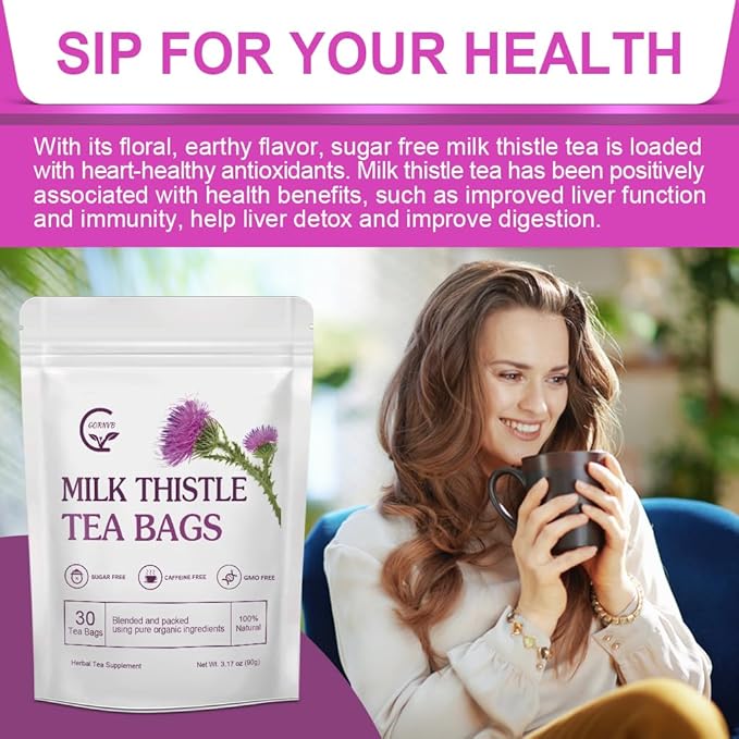 Organic Milk Thistle Tea Bags, Liver Support Herbal Tea, Caffeine Free, 30 Tea Bags