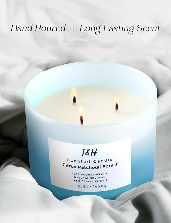 T&H Lychee Guava & Sandalwood 3 Wick Scented Candles, Citrus Patchouli Forest Aromatherapy Soy Candles, 2 x 15.8 Oz