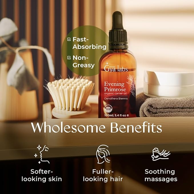 Gya Labs Evening Primrose Oil - 3.4 Fl Oz - Carrier Oil for Hair, Skin, Face, Scalp & Body Massage