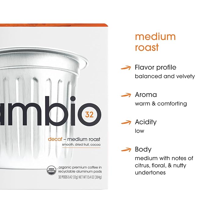 Cambio Roasters Organic Decaf Coffee Keurig KCups, Lower Acid Decaf Coffee K Cups for Any Time of Day, The Only Aluminum Medium Roast Pods Compatible with Keurig, Organic Coffee K Cups, 10 count