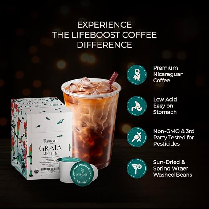 Lifeboost Medium Roast Low Acid Coffee K Cups - Single Origin Mold Free Non-GMO Organic Coffee Pods - Compatible with Keurig & Keurig 2 Machines - 42 Count