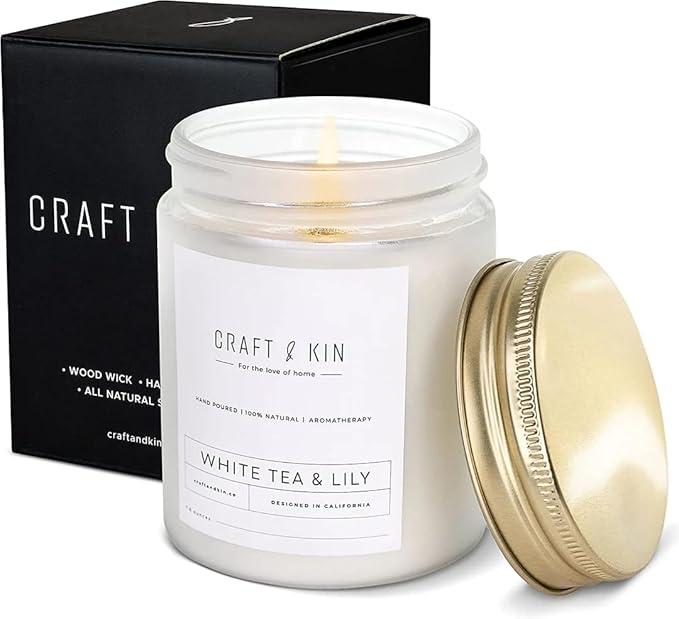 Craft & Kin White Tea & Lily Scented Candle | 8 Oz 45 Hour Long Lasting | Classic Soy Scented Woodwick Holiday Candles | Made with Natural Soy | Winter Candles Gifts for Men and Women