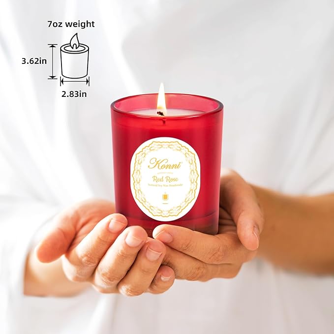 KONNI Scented Candles, Red Rose Soy Candle, Single-Wick Jar Candles Aromatherapy Candle with 40 Hours of Burn Time, Birthday, Valentine, Christmas, Anniversary Present 7 oz