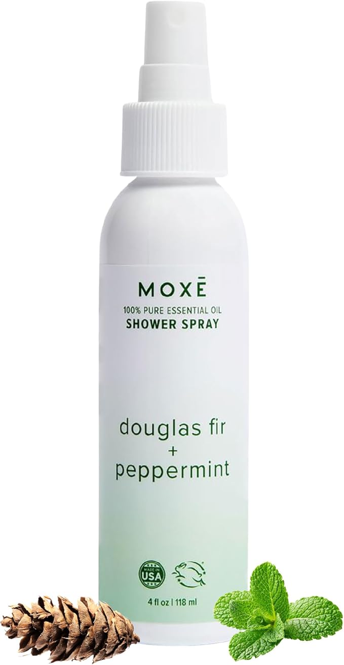 MOXE Aromatherapy Shower Spray - Douglas Fir & Peppermint, 100% Essential Oils, Made in USA, Aromatherapy, Sinus Congestion Relief, Respiratory Support, 4 Oz (1 Pack)