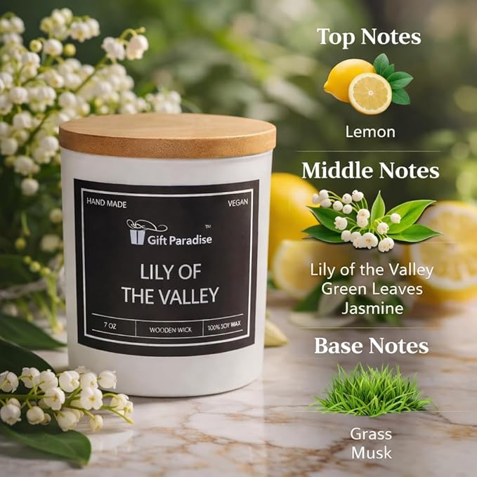 Lily of The Valley Soy Candle with Wooden Gift Box — 7 oz Wood Wick | 100% Soy, Clean Burn, Non-Toxic, Vegan Floral Scent