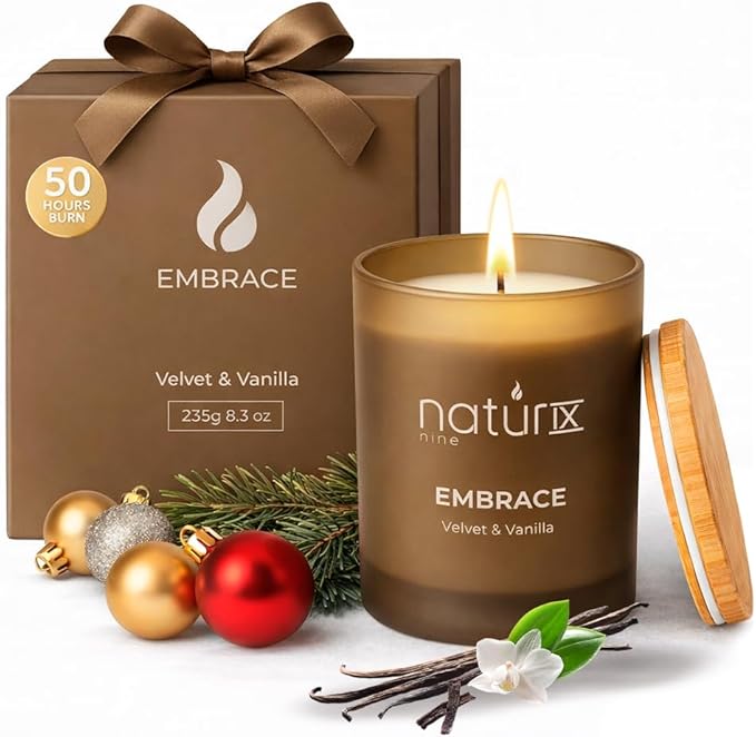 Natur IX Embrace Scented Candles for Home | Velvet & Vanilla | Natural Non Toxic Soy Candles with Essential Oils | 50 H Long Burning