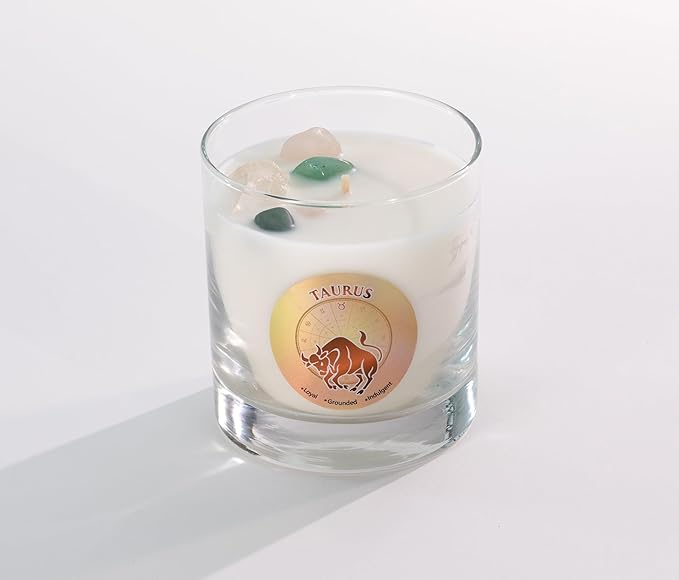 Luxury Glass Jar Candle, Taurus Zodiac Sign, 8.8 oz - Crystal Infused - Scents of Geranium, Fern, Cedar & Amber - Made in USA, Hand Poured, Coconut-Soy Wax, Essential Oil, Dr. Developed