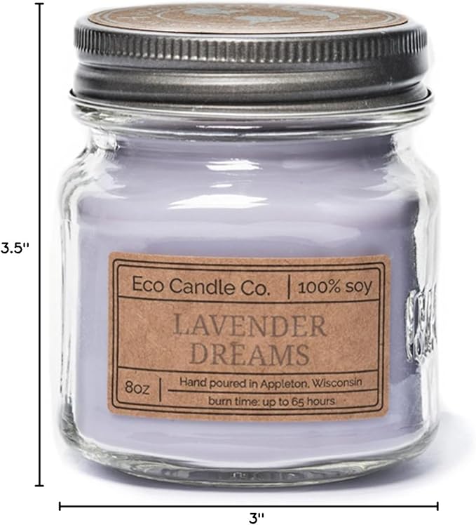 ECO CANDLE CO. Mason Jar Candle, Lavender Dreams, 8 oz. - Scents of Lavender, Lilac, Sage, & Mimosa - 100% Soy Wax, No Lead, Kraft Label & Antiqued Pewter Lid, Hand Poured, Midwest Grown Soybeans