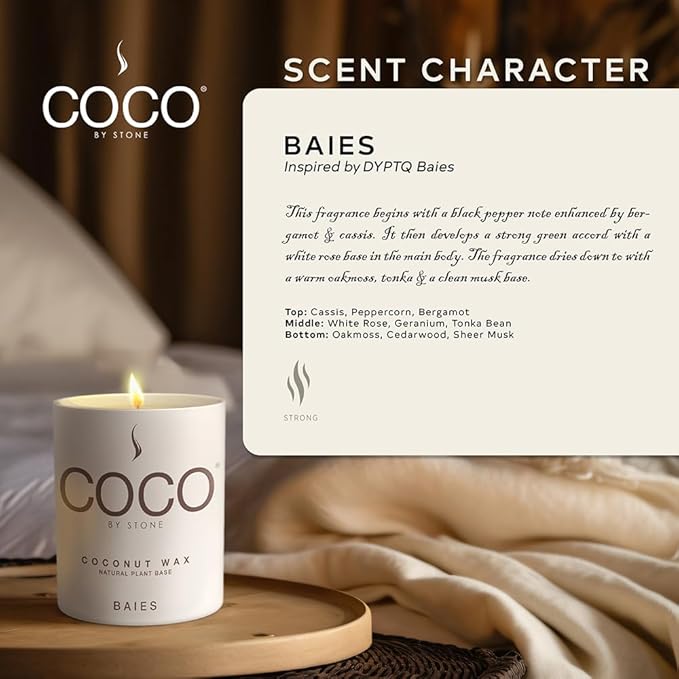 COCO by Stone 6.5oz Candle, Coconut Apricot Wax Candle for Home (Baies) Home Fragrance Products, 1 Wick Candle, Enhance Indoor Aroma, Vegan & Cruelty-Free, Clean Burning and Hand Poured Candle