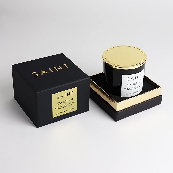 SAINT Cajetan Scented Candle with Prayer and Prayer Coin, Saint of Good Fortune and Employment, Soy Coconut Aromatherapy Candle with 50 Hour Burn Time