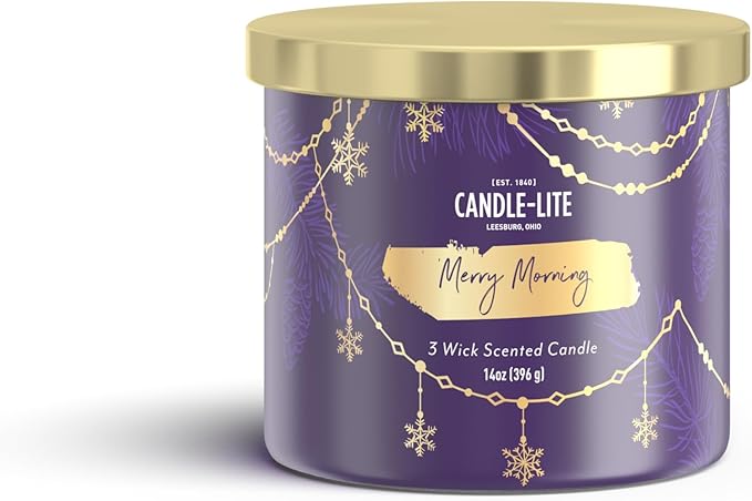Candle-lite Holiday Scented Candles, Merry Morning Scent, 14 oz 3-Wick Jar Candle, Proudly Poured in USA, Christmas Home Decor Candle, 45 Hours of Burn Time, Holiday Gift for Men and Women