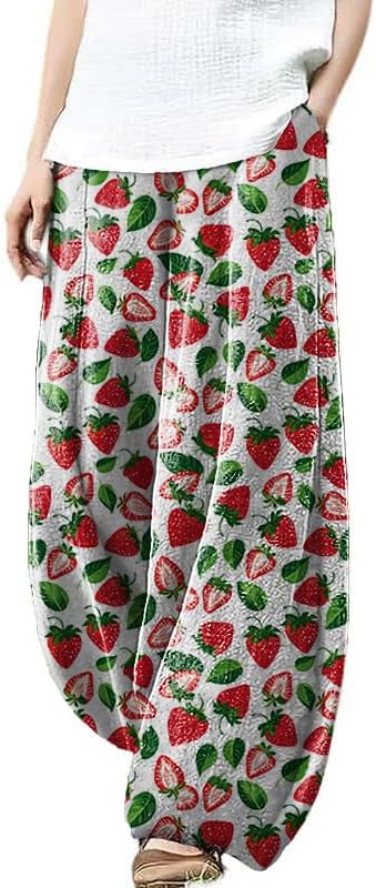 domirica Plus Size Loose Pants for Women Floral Printed Cute Pattern Ethnic Baggy Beach Wide Leg Trouser