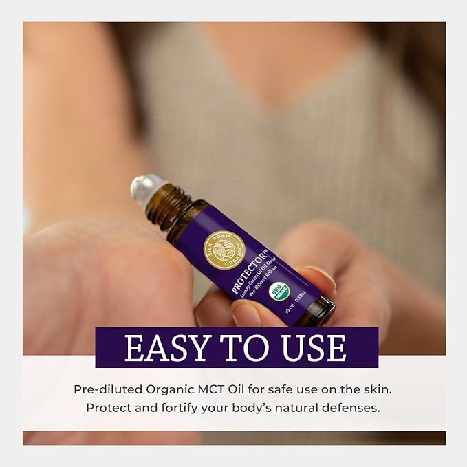 Silk Road Organic Protector Essential Oil Immunity Blend Roll On, Purifying Thieves Oil Formula, 100% Pure USDA Certified Clove Bud, Cinnamon Bark, Rosemary, Lemon, Eucalyptus - 10 ml Roller