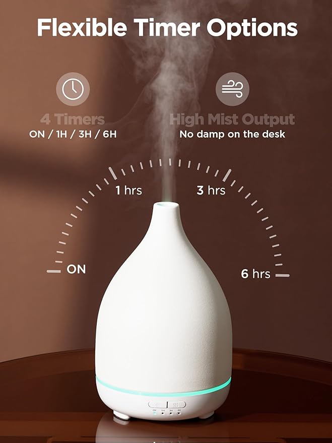 InnoGear Oil Diffuser, 300ML Ceramic Diffuser for Essential Oils Handcrafted Aromatherapy Diffuser Ultrasonic Cool Mist Humidifier with 4 Timers Waterless Auto Off for Room Office, White Base
