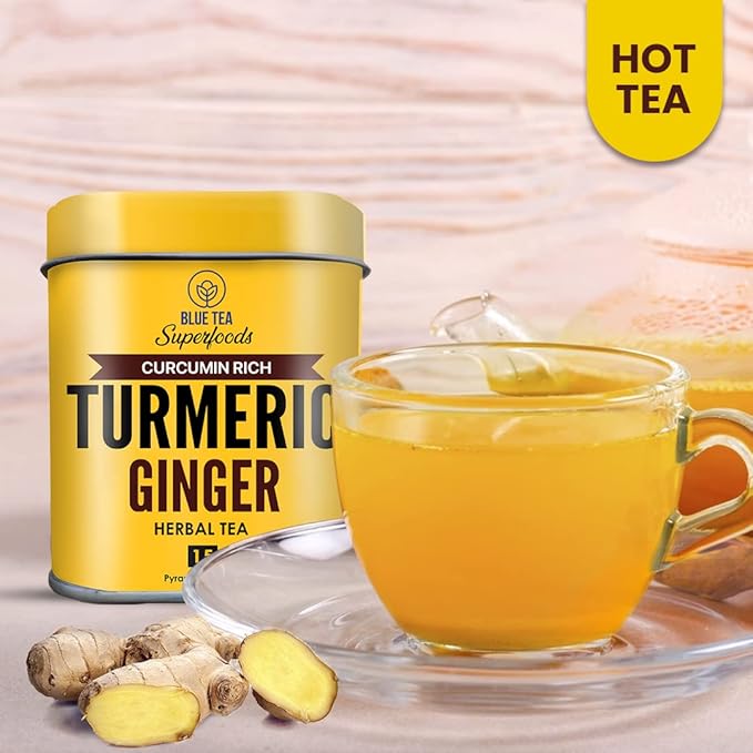BLUE TEA - Turmeric Ginger Tea - 15 Count - Pyramid Plant Based Tea Bag | CURCUMIN RICH - HERBAL BLEND | Herbal Tea - Caffeine Free - Non-GMO - Vegan - Earthy Flavor - Healthy | Reusable Tin Pack