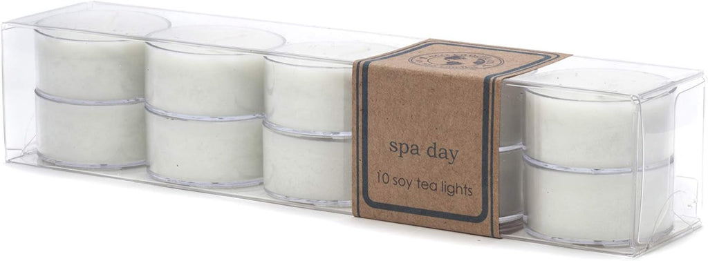 ECO CANDLE CO. Tea Light Candles, Spa Day, 10-Pack - Scents of Flowers, Musk, Melon, Citrus, & Ocean Air - Recyclable Plastic Cups, 100% Soy Wax, No Lead, Hand Poured, Midwest Soybeans, .6 oz. Each