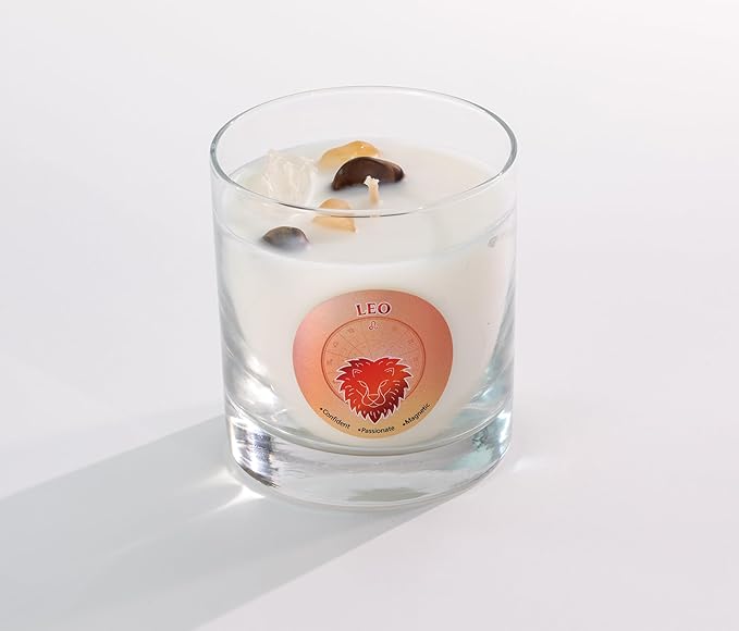 Luxury Glass Jar Candle, Leo Zodiac Sign, 8.8 oz - Crystal Infused - Scents of Ozone, Chili Pepper, Mandarin &and Coconut - USA Made, Coconut-Soy Wax, Essential Oils, Dr. Developed