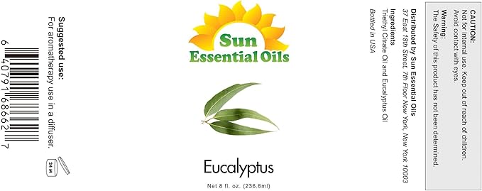 Sun Essentials Oils - 8 oz Eucalyptus Essential Oil with Dropper for Diffuser, Skin, Aromatherapy Massage, Humidifier, Scent for Candle, Lotion & Soap Making at Home, Fragrance for Room