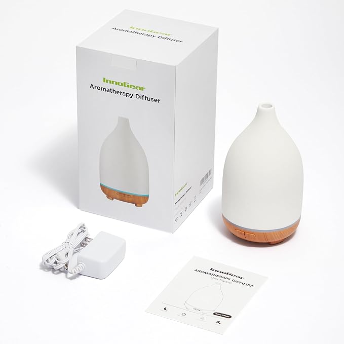 InnoGear Oil Diffuser, 150ML Ceramic Diffuser for Essential Oils Handcrafted Aromatherapy Diffuser Ultrasonic Cool Mist Humidifier with 2 Mist Modes Waterless Auto Off for Room Office, White