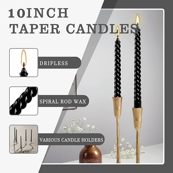 12-Pack 10' Tall Black Spiral Taper Candle Set - Dripless, Smokeless for Halloween&Christmas, Unscented Candlesticks, Dripelss Tapered Candles for Table Rituals,Memorial Prayer Wiccan Rituals.