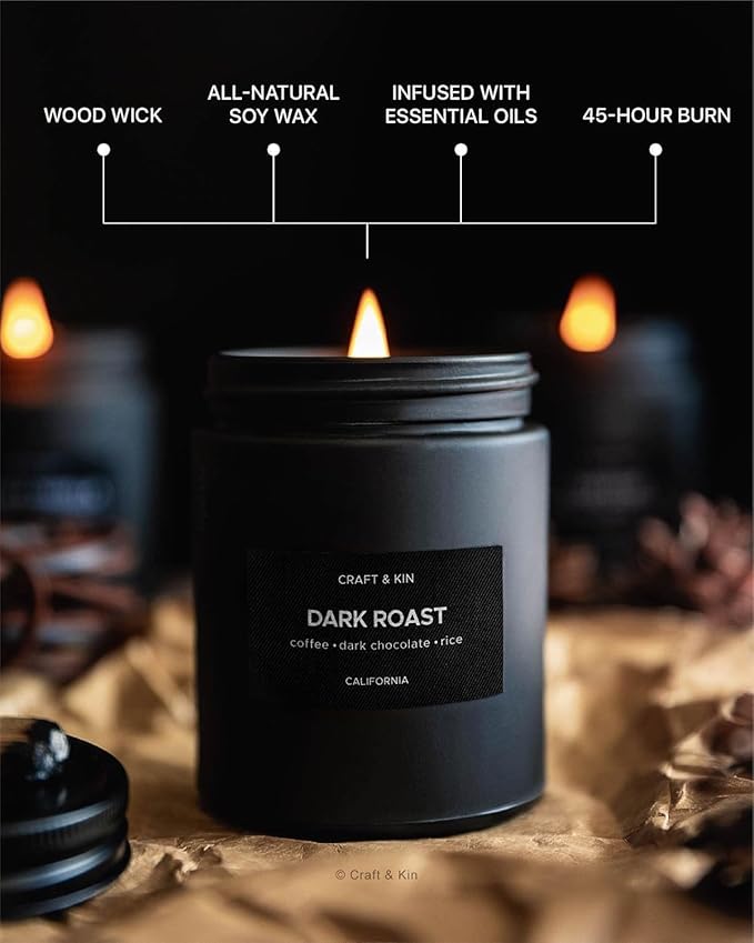 Craft & Kin Premium Dark Roast Coffee Candle | Black Christmas Scented Candles for Home | Long Lasting with 45 Hour Burn Time, 7.6oz | Soy Holiday Candle | Aromatherapy at Home | Gifts for Men