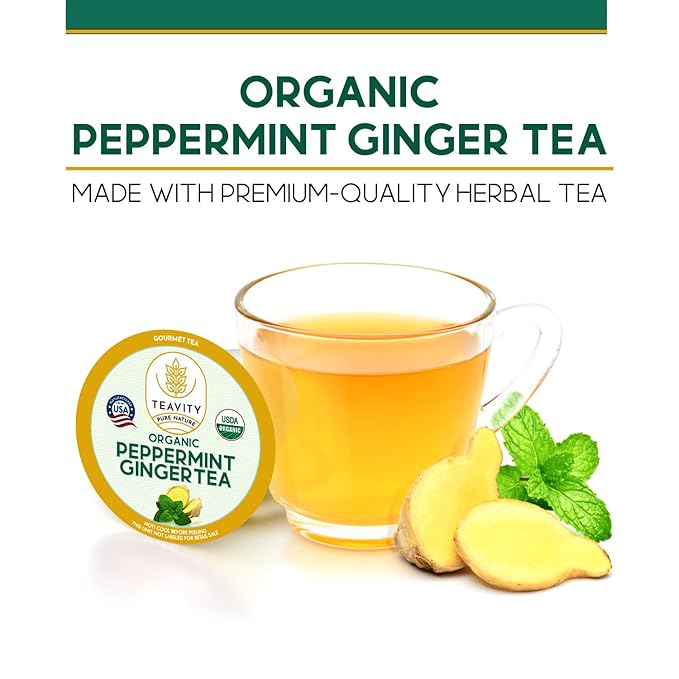 Organic Ginger Tea Pods for Keurig with Organic Peppermint Tea - Decaf Tea for K Cup Brewing Peppermint Ginger by Teavity (12 Tea Pods)
