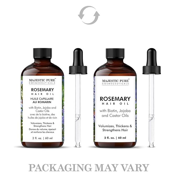 Majestic Pure 100% Pure Rosemary Oil For Hair Growth - Strengthening, Nourishing, Volumizing - Infused with Biotin Oil, Jojoba Oil & Castor Oil - Non GMO Verified - 2 Fl Oz