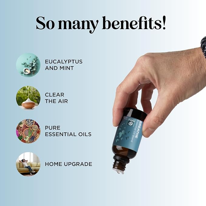 Breathe Essential Oil for Diffuser - Invigorating and Refreshing Breathe Essential Oil Blend with Eucalyptus Peppermint Tea Tree and Mint for Diffusers for Home and Shower Aromatherapy (1 Fl Oz)