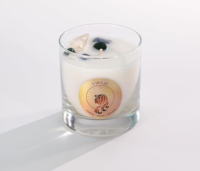 Luxury Glass Jar Candle, Virgo Zodiac Sign, 8.8 oz - Crystal Infused - Scents of Scent: Lily, Sandalwood, Amber, & Vanilla - USA Made, Coconut-Soy Wax, Essential Oils, Dr. Developed