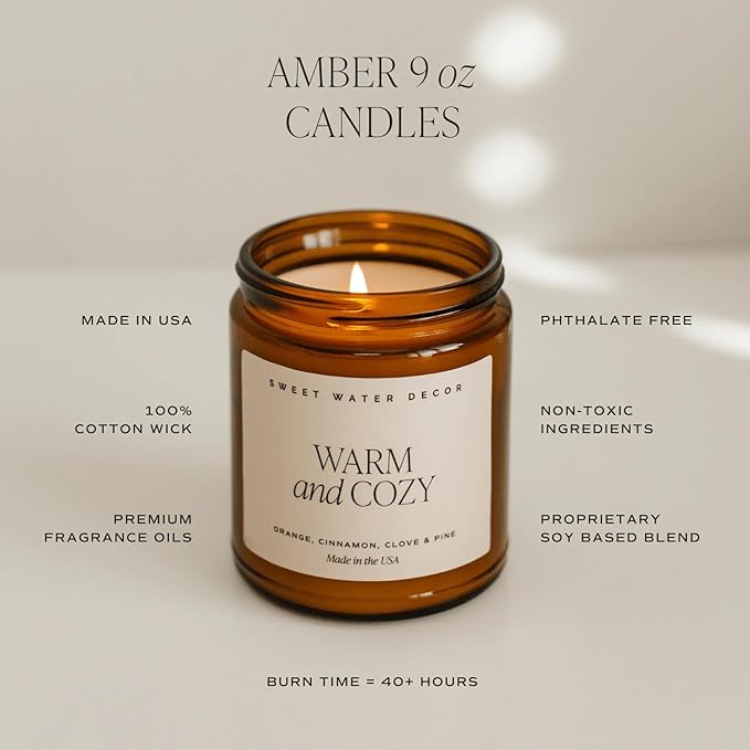Sweet Water Decor Fall Candles for Home Scented - Hand Poured Soy Wax Autumn Candle with Apple & Cinnamon Scent - 40 Hour Burn Time Long Lasting Fall Candles Soy - Amber Glass Jar for Candle Decor