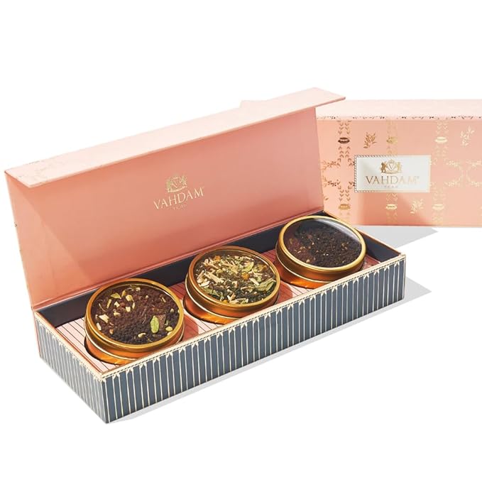VAHDAM, BLUSH - Assorted Tea Gift Set, 3 Premium Teas in Tin Caddy Presentation Box | Loose Leaf Teas | Gift for everyone