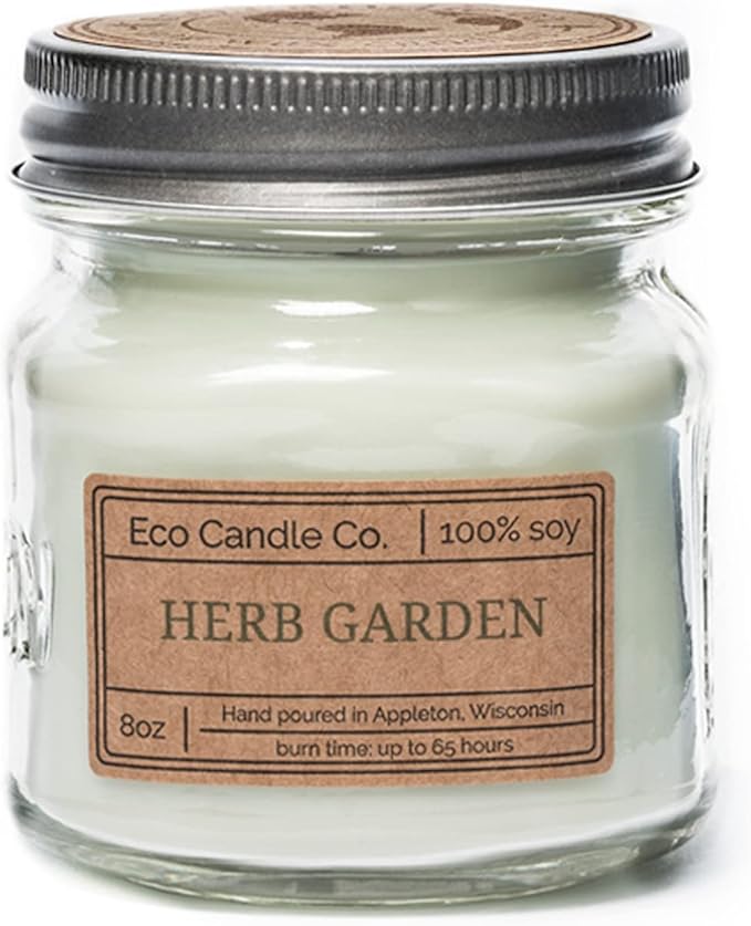 ECO CANDLE CO. Mason Jar Candle, Herb Garden, 8 oz. - Scents of Tarragon, Bergamot, Grapefruit, & Jasmine - 100% Soy Wax, No Lead, Kraft Label & Antiqued Pewter Lid, Hand Poured, Midwest Soybeans