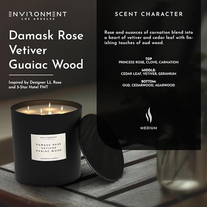 Environment Inspired by 5-Star Resort FMT Candle, 55oz Luxury Coconut Apricot Wax Candles for Home (Damask Rose | Vetiver | Guaiac Wood) Home Fragrance Products, 4 Wick Candle, Vegan & Cruelty-Free