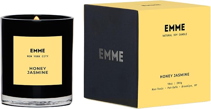 EMME NYC Scented Candle Jar - Black Glass, Soy, Natural, Non-Toxic, Pet-Safe, Up to 60 Hours Burn Time, Wood Wick, Strong Scent, Cruelty-Free, 10 oz - Best Smelling Scented Candles (Honey Jasmine)