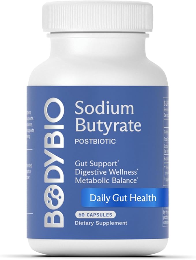BodyBio Butyrate - Postbiotic for Gut Health, Digestive Support, Bloat, Gas & Constipation Relief, Leaky Gut Repair - Sodium + Butyric Acid Supplement for GI Wellness