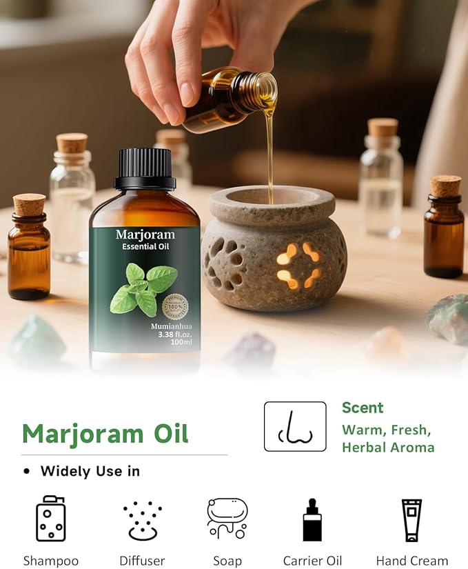 Marjoram Essential Oil, Pure Marjoram Oil Mumianhua Natural Herbaceous Oil for Bedroom, Natural Shield, Aromatherapy for Evening Ease, Outdoor Protection, Diffuser, Massage & Skin Care, 3.38 Fl Oz