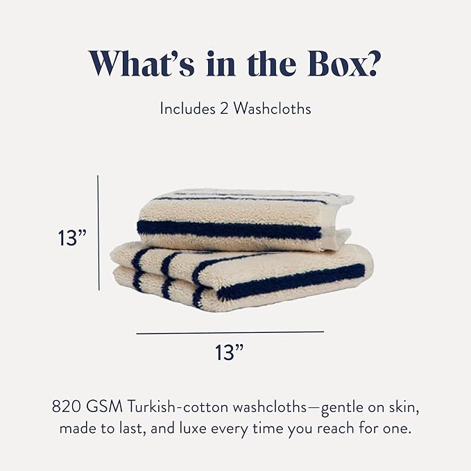 Brooklinen Super-Plush Turkish Cotton Washcloths - Set of 2 - Cotton, 820 GSM, Highly Absorbent, Machine Washable, Perfect for Home & Bathroom (13" x 13", Striped Navy)