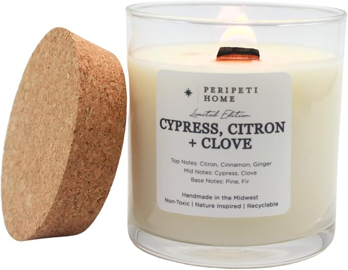 PERIPETI Home Cypress, Citron + Clove Scented Candle – 8.5oz Wooden Wick, Natural Soy Wax, Long-Lasting Burn for Cozy Holiday Aromatherapy