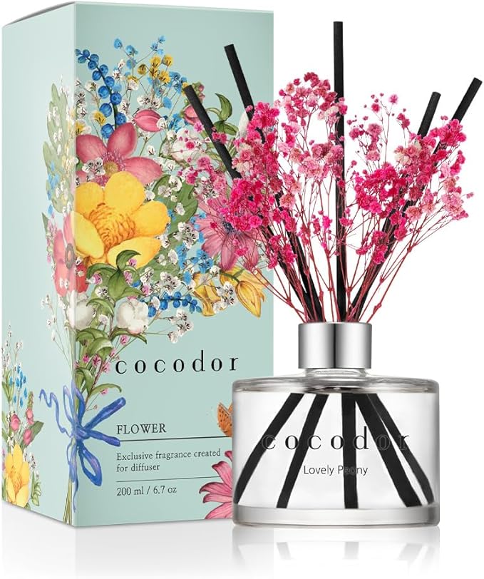COCODOR Flower Reed Diffuser Set / 6.7oz / Lovely Peony/Scent Diffuser with Sticks Home Fragrance Reed Diffuser for Bathroom Shelf Decor for Women