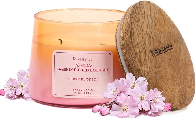 Folkulture Valentine Candles- 8.8 Oz |Cherry Blossom Scented, Luxury Glass Jar Candles for Home, Gifts for Women, Her |Soy, Non Toxic, Pink Candle with 30 Hrs Burntime for Valentine Day Decorations