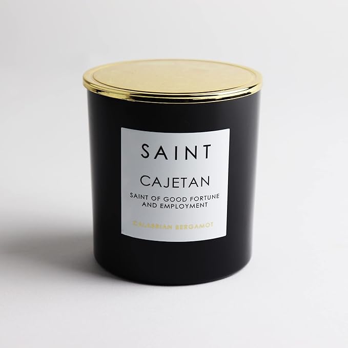 SAINT Cajetan Scented Candle with Prayer and Prayer Coin, Saint of Good Fortune and Employment, Soy Coconut Aromatherapy Candle with 50 Hour Burn Time