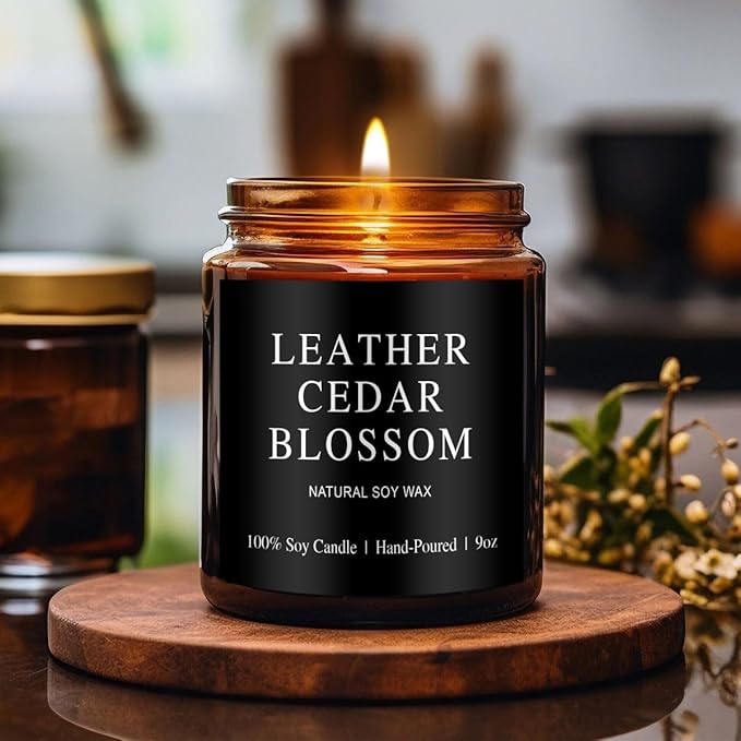 Scented Candles for Men - Leather Cedear Blossom Scent | 50Hr Burn Soy Wax in Brown Glass - Man Cave Gifts, Birthday for Him, Father's Day Gift (9oz)