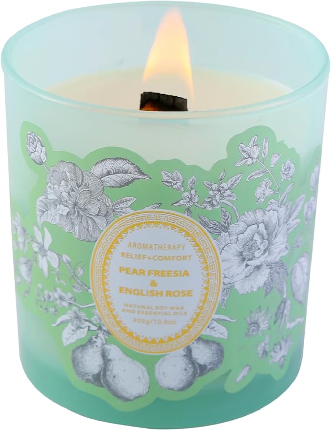 Pear Freesia & English Rose Wood Wick Soy Scented Candle | Aromatherapy Stress Relief Candle for Home 10.6 oz | Long-Lasting Clean Burn | Gift for Women & Men
