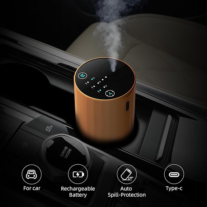 Waterless Essential Oil Diffuser Aromatherapy Scent Diffusers for Home Large Room, Bedroom, Car, Office, Desk, Battery Operated Mini Portable Air Freshener (Golden)