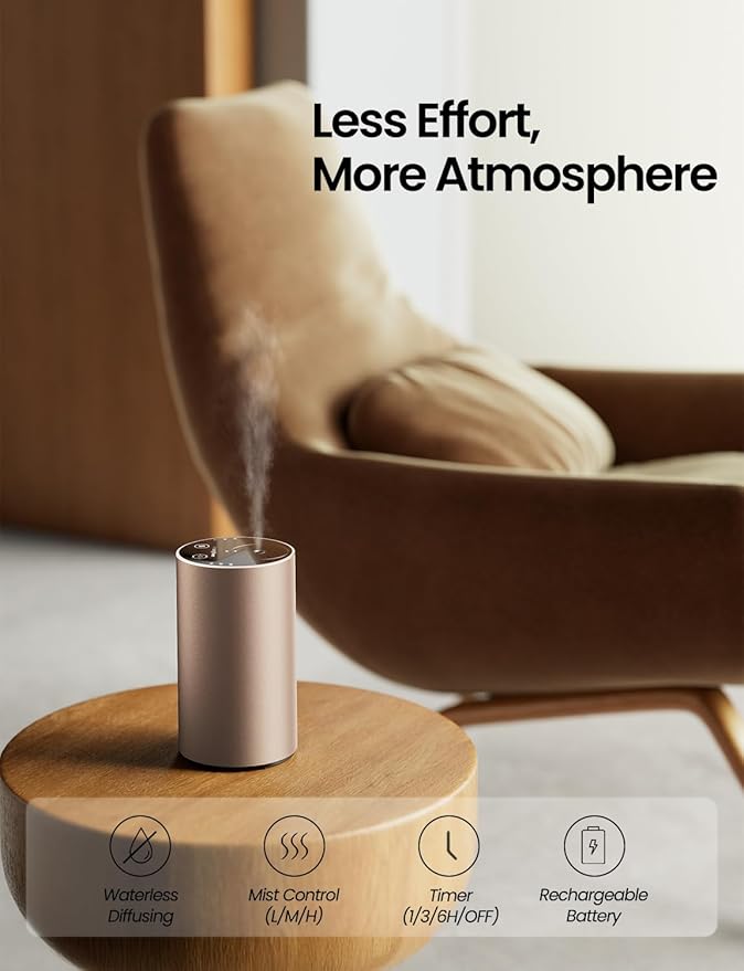 Waterless Essential Oil Diffuser, Rechargeable Scent Diffusers with 3 Mist Levels & Timers, Portable Aromatherapy Diffuser for Home Car Room Studio Office, Desert Titanium